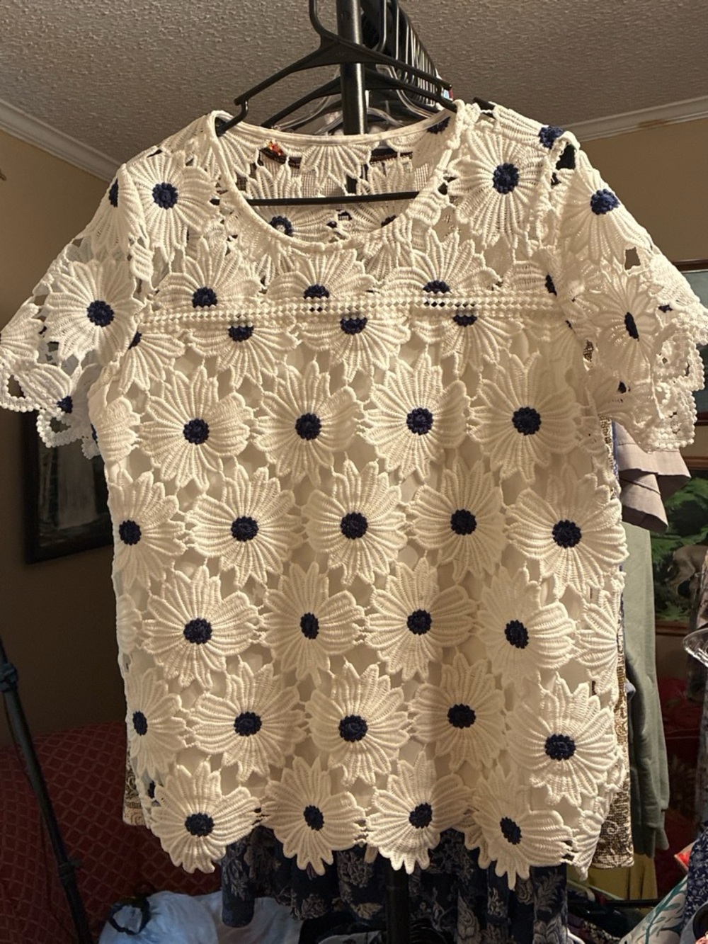 Rafaella Cream Crochet Daisy Top with Navy Centers